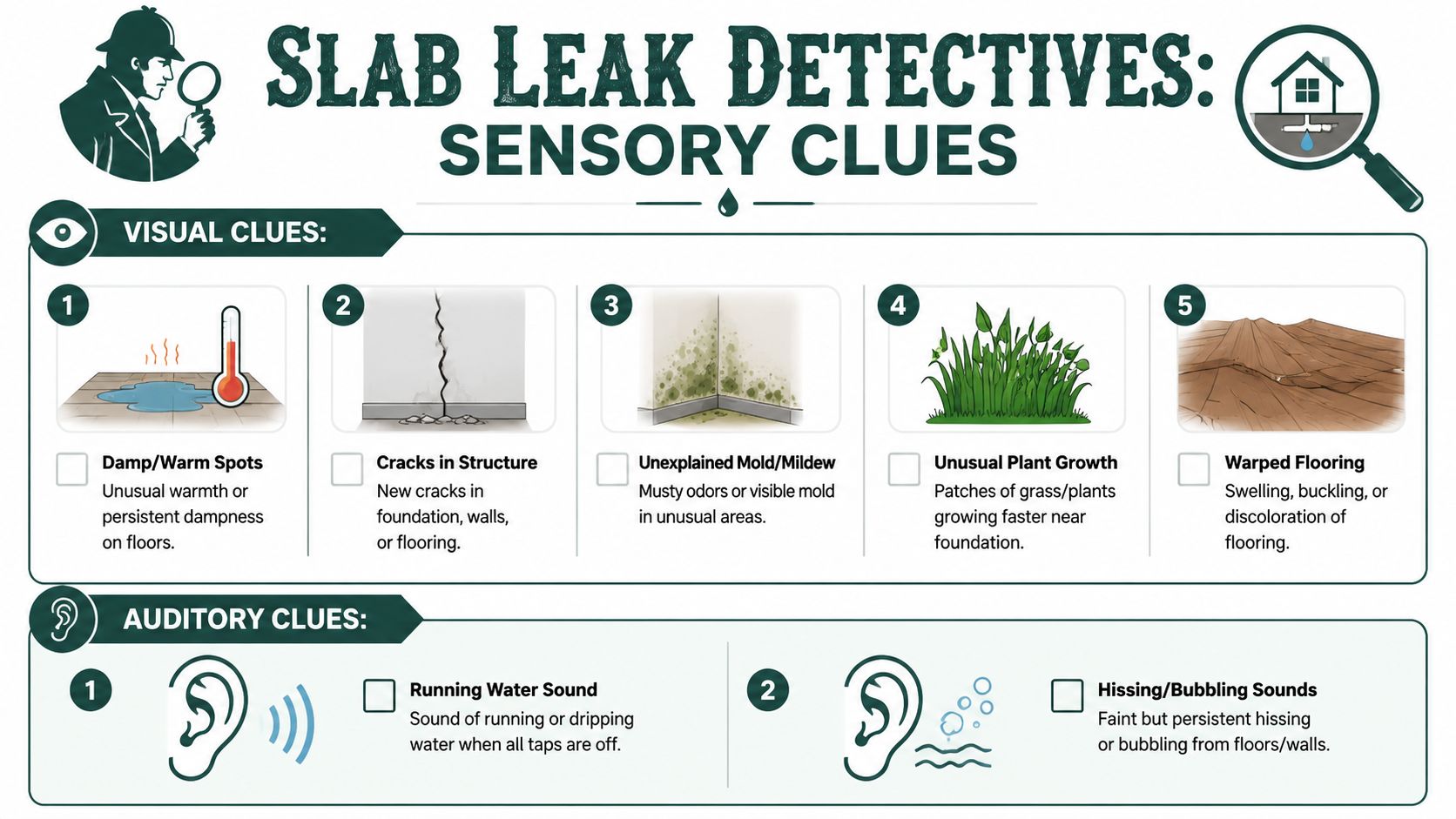 An infographic titled Slab Leak Detectives highlighting visual and auditory signs of water leaks under home foundations.