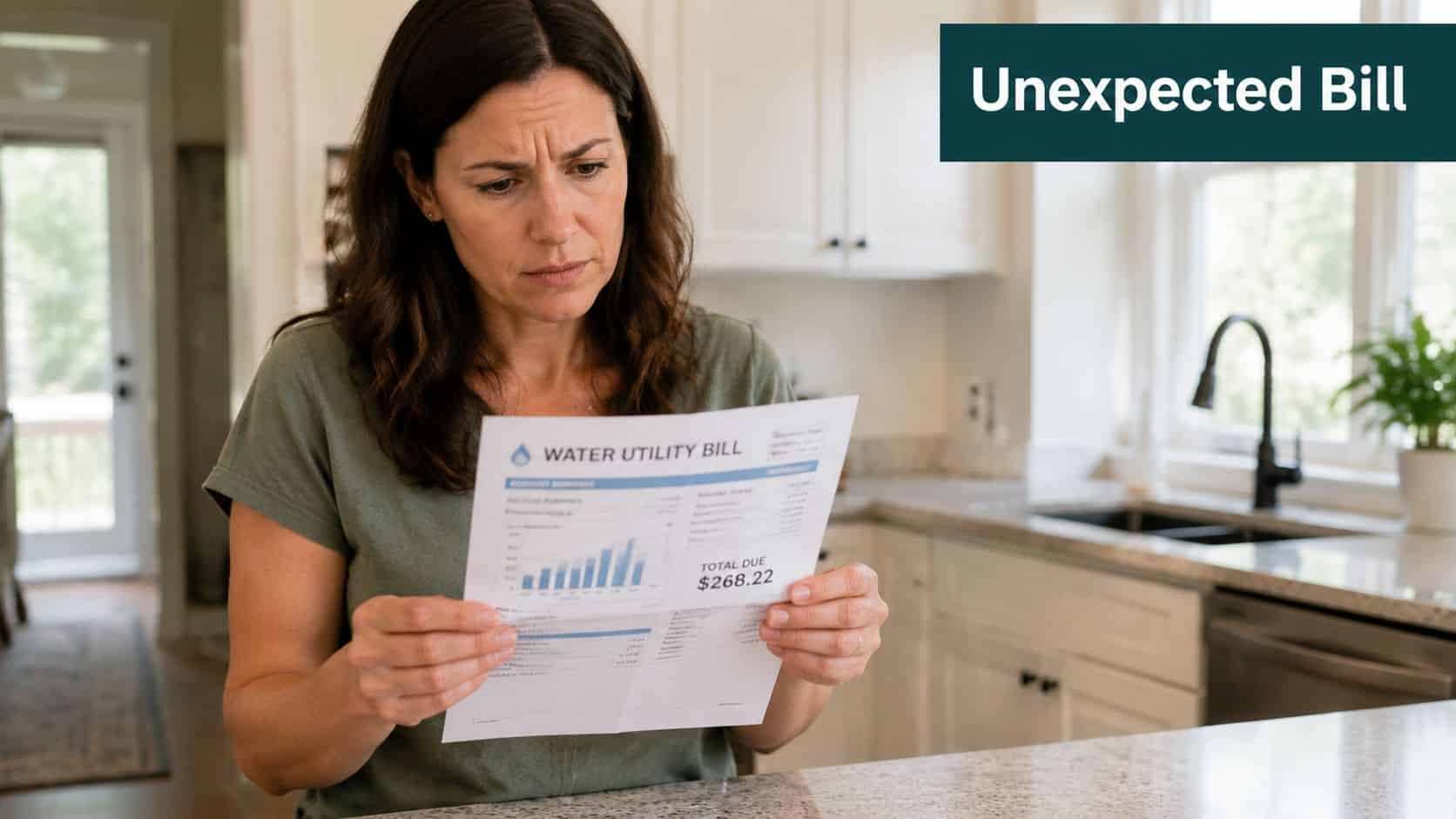 A concerned woman standing in her kitchen looking at an unexpectedly high water utility bill.