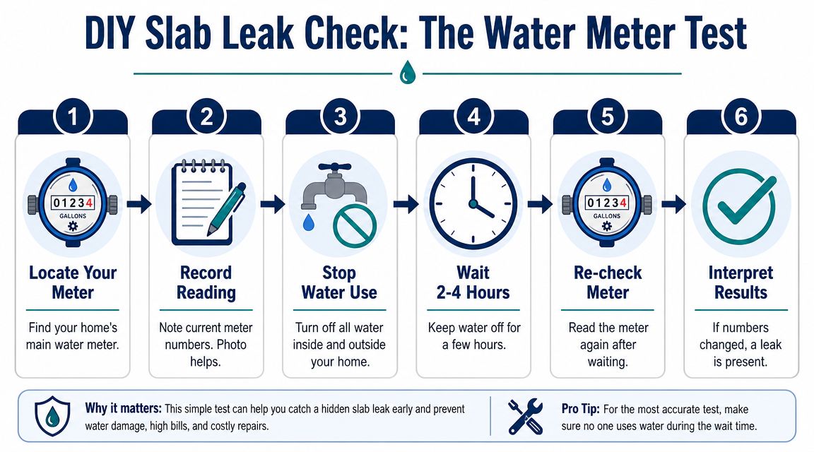 A six-step infographic showing how to perform a DIY water meter test to detect slab leaks.