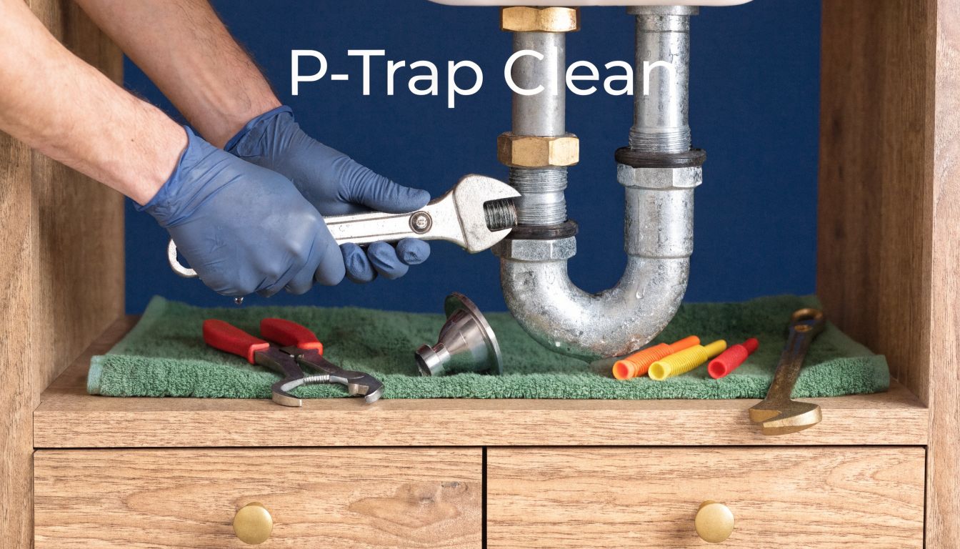 A plumber wearing blue gloves uses a metal wrench to tighten or remove a metallic P-trap pipe.