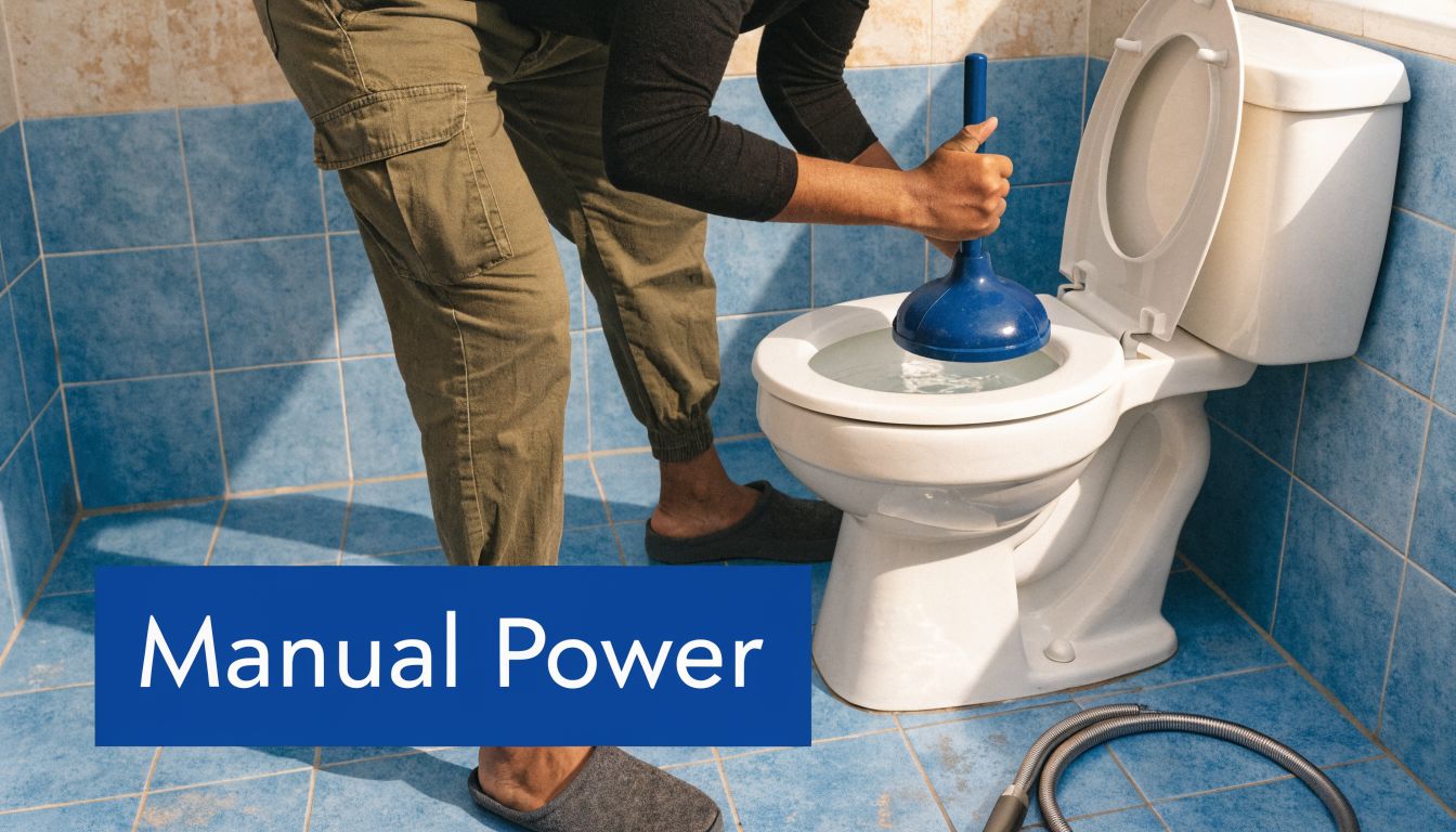 A person using a blue plunger to manually clear a clogged white toilet in a tiled bathroom.