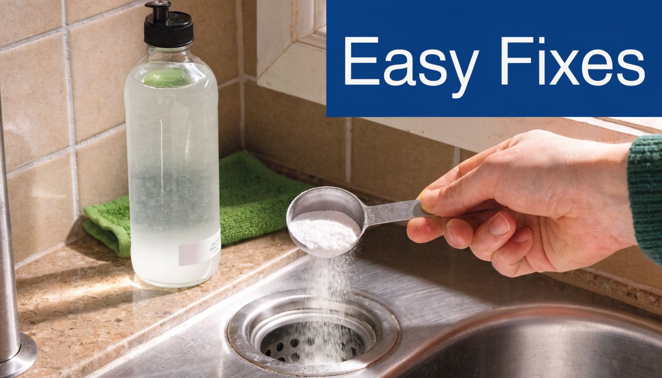 A hand pouring white cleaning powder from a measuring scoop into a stainless steel kitchen sink drain.