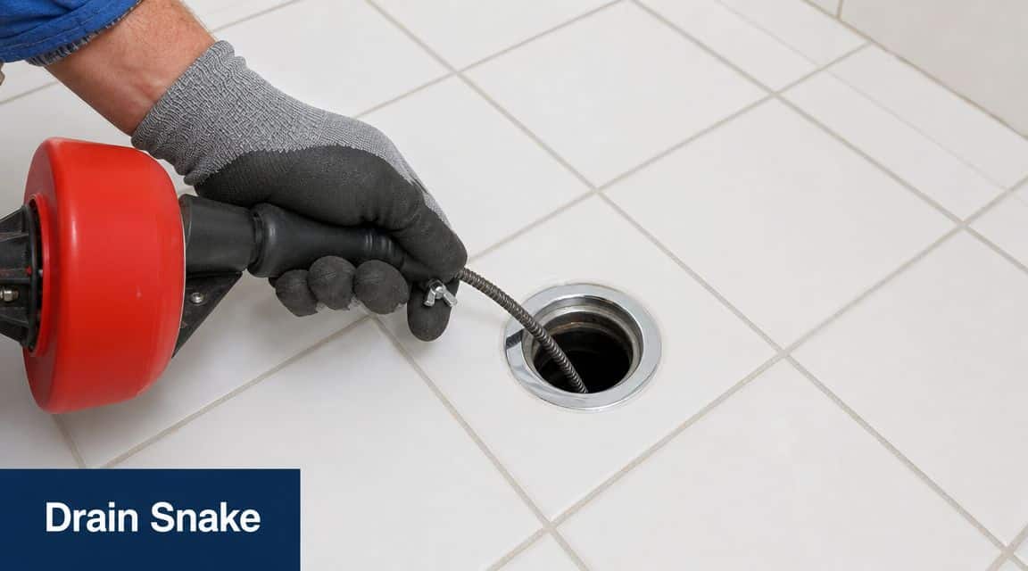 A person wearing work gloves using a handheld red drain snake to clear a clogged shower drain.