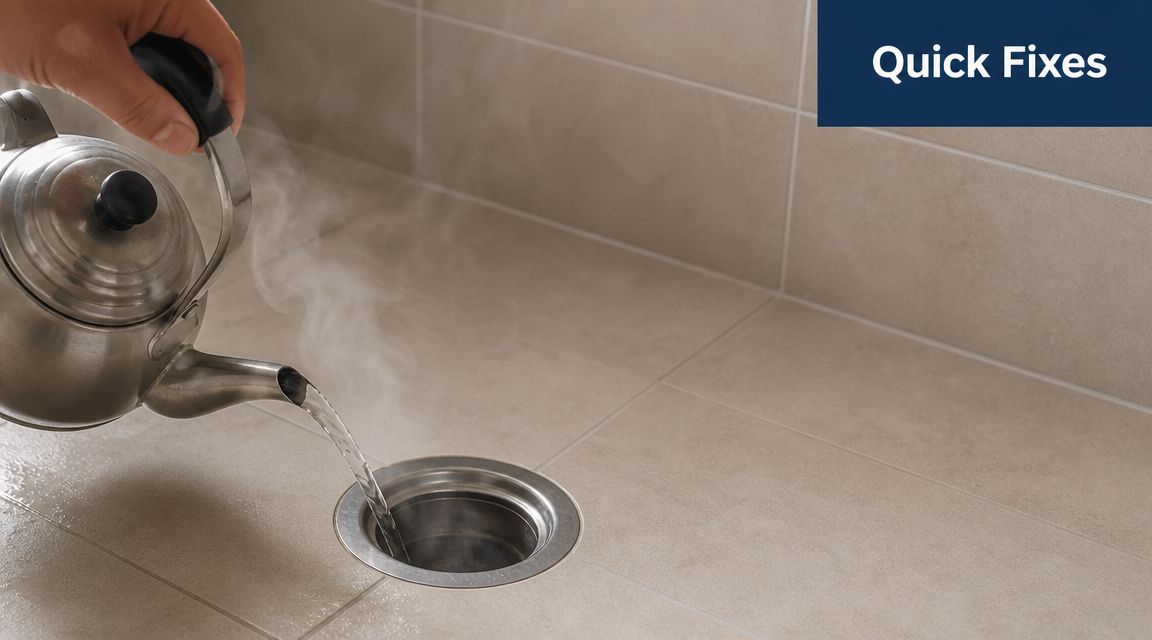 A person pouring steaming hot water from a metal kettle into a shower drain to unclog it.