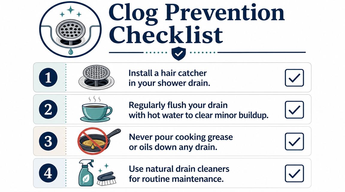 A Clog Prevention Checklist showing four steps to maintain drains and prevent plumbing blockages at home.
