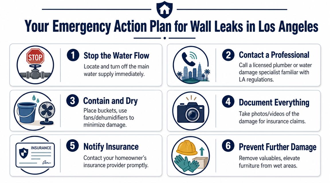 An infographic detailing a six-step emergency action plan for managing wall leaks in Los Angeles homes.