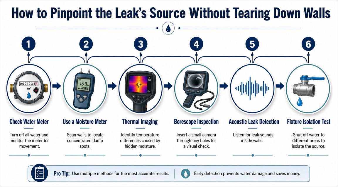 An infographic showing six steps to detect a water leak inside a wall without demolition.