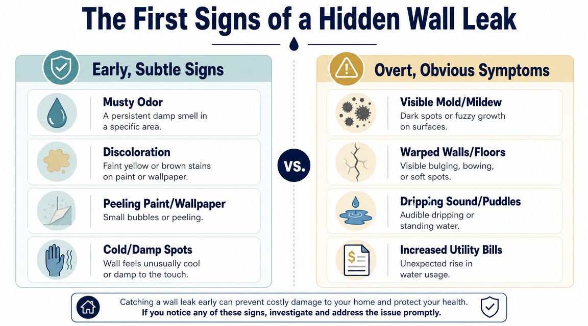 An infographic showing subtle and obvious warning signs of hidden water leaks in home walls.