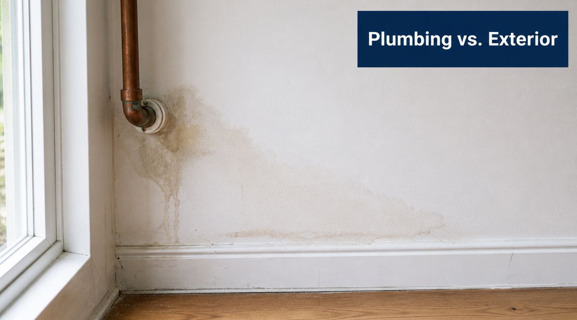 A close-up of a wall with water damage stains centered around a copper plumbing pipe