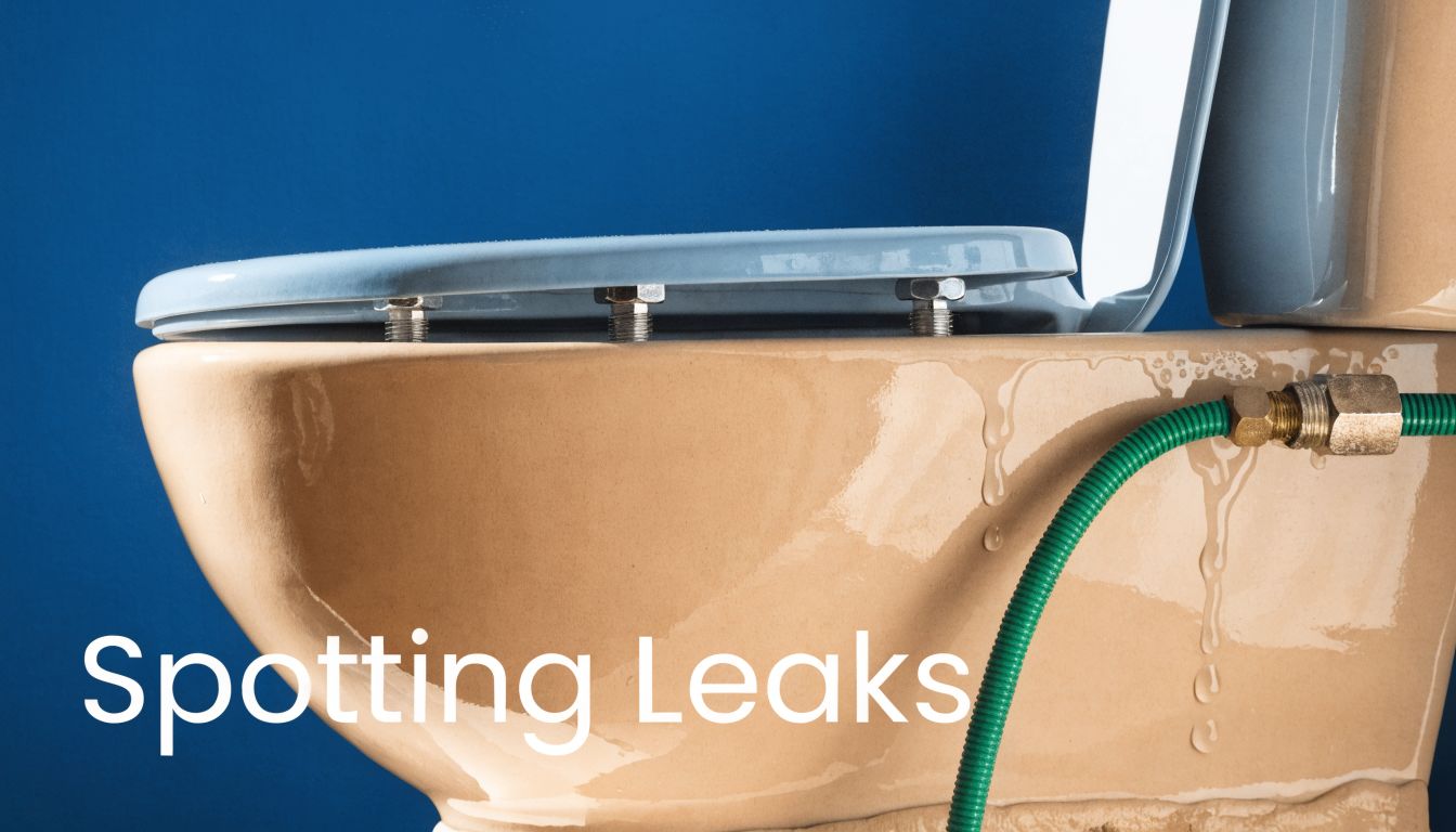 A close up view of a toilet bowl showing water leaking down the side near the pipe
