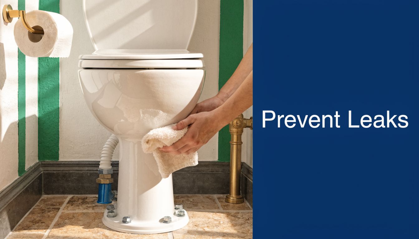 A person wiping the base of a white toilet with a beige cloth to prevent leaks.