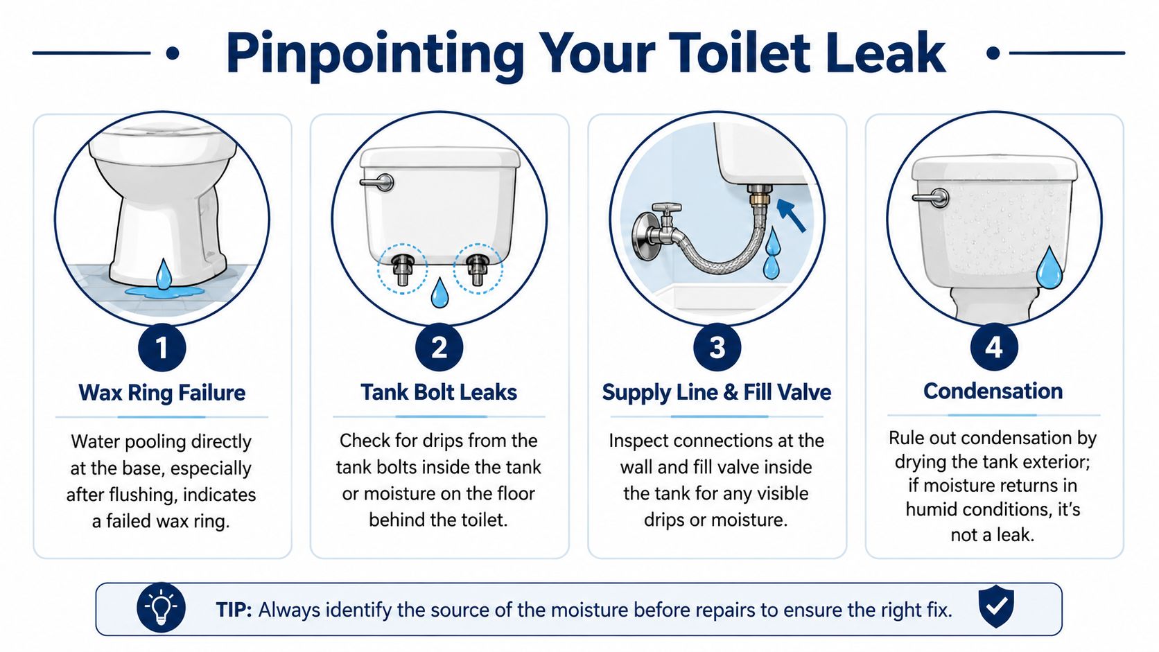 An infographic showing four common causes of toilet leaks: wax rings, tank bolts, supply lines, and condensation.