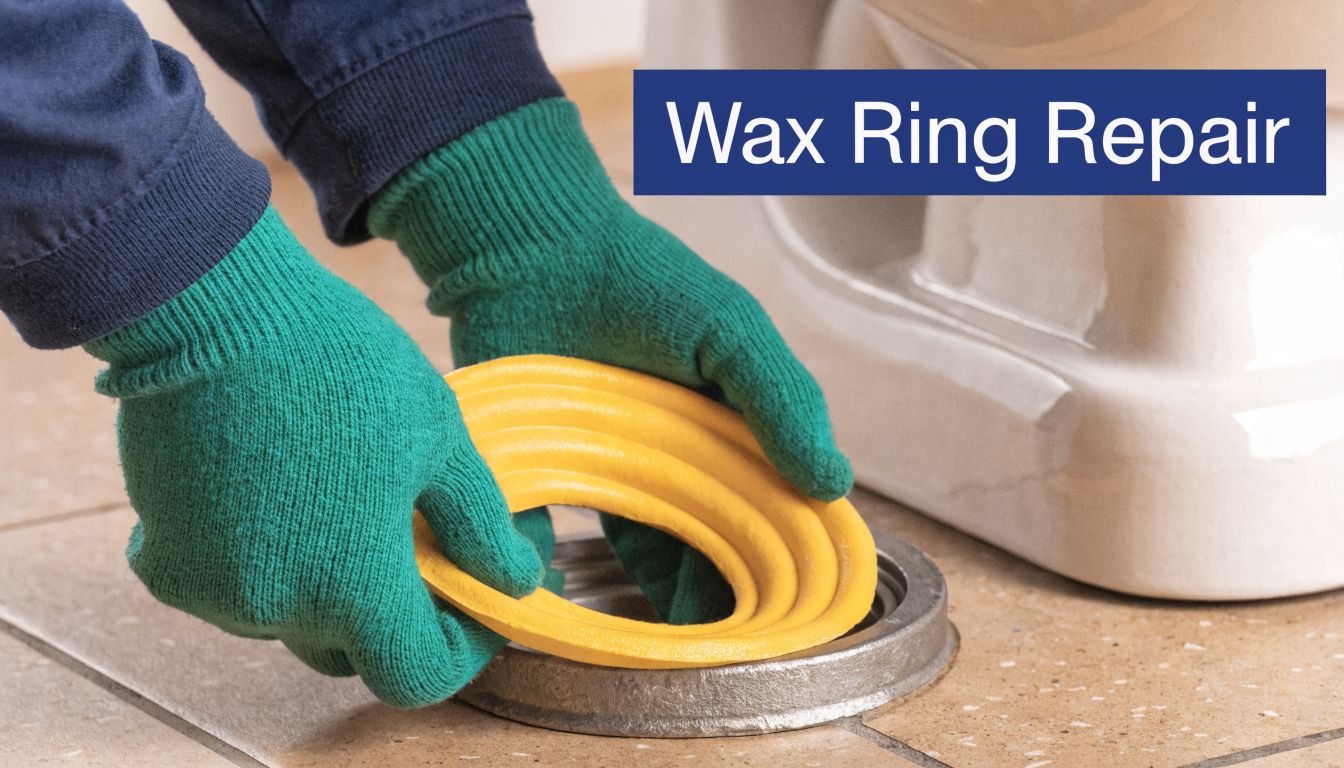 A professional wearing green work gloves installs a yellow toilet wax seal onto a metal flange.