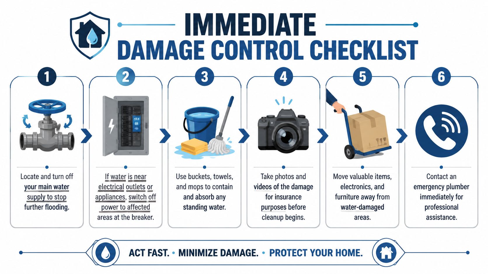 A six-step infographic guide on how to perform immediate damage control during home water flooding emergencies.
