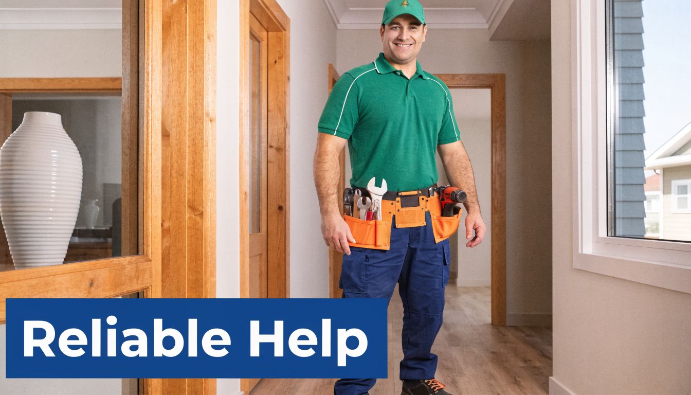 A friendly professional plumber in a green uniform with a tool belt standing in a house.