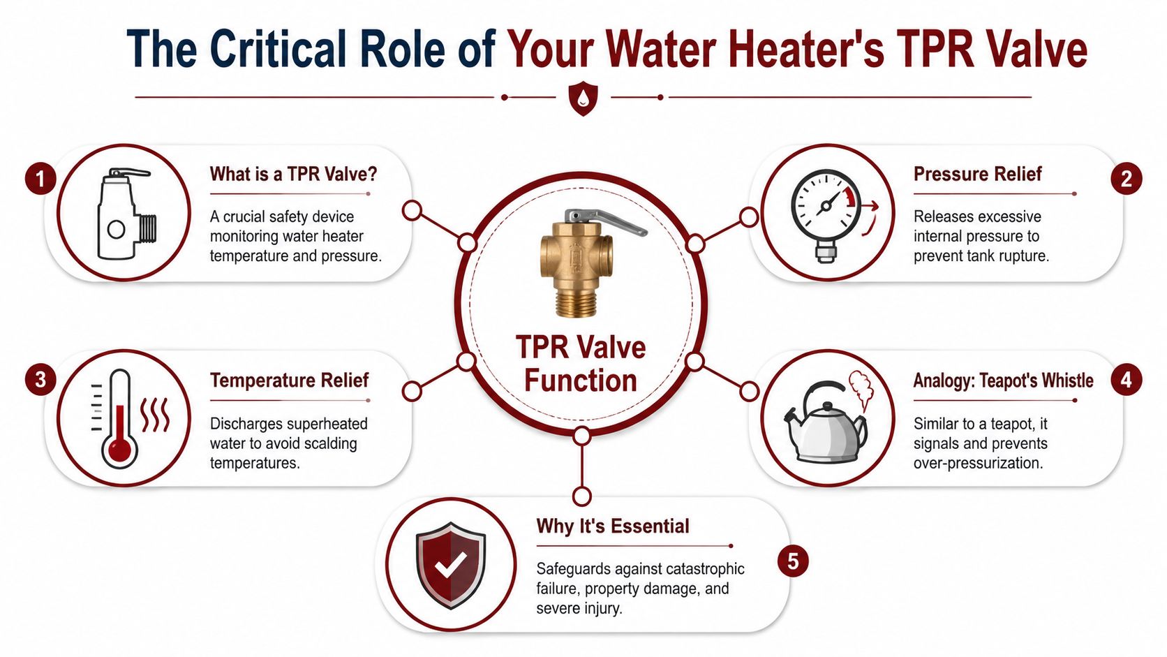 An infographic explaining the essential function and safety role of a water heater pressure relief valve.