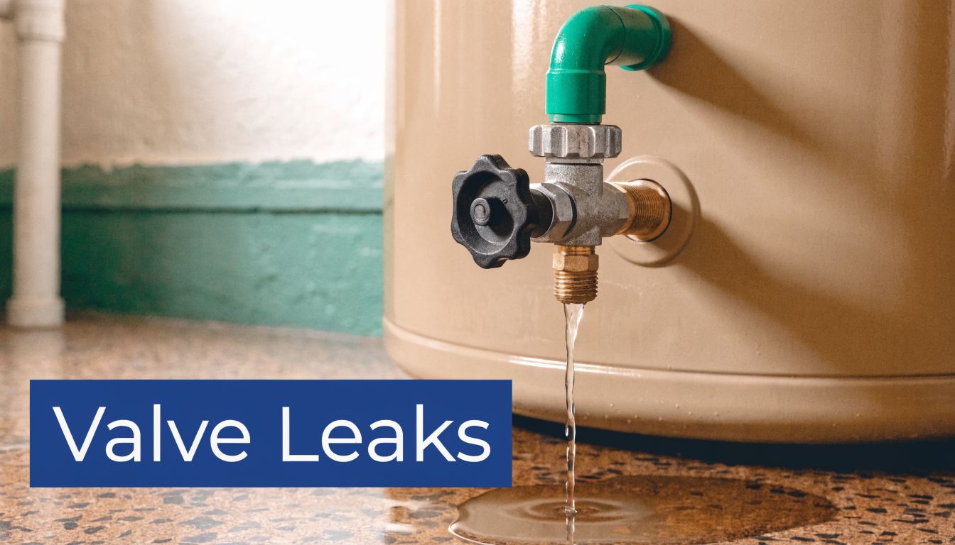 A close up view of a leaking water heater pressure relief valve dripping water onto the floor.