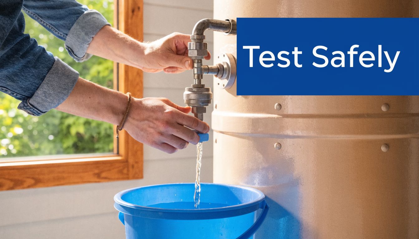 A person testing a water heater pressure relief valve by draining water into a blue bucket.