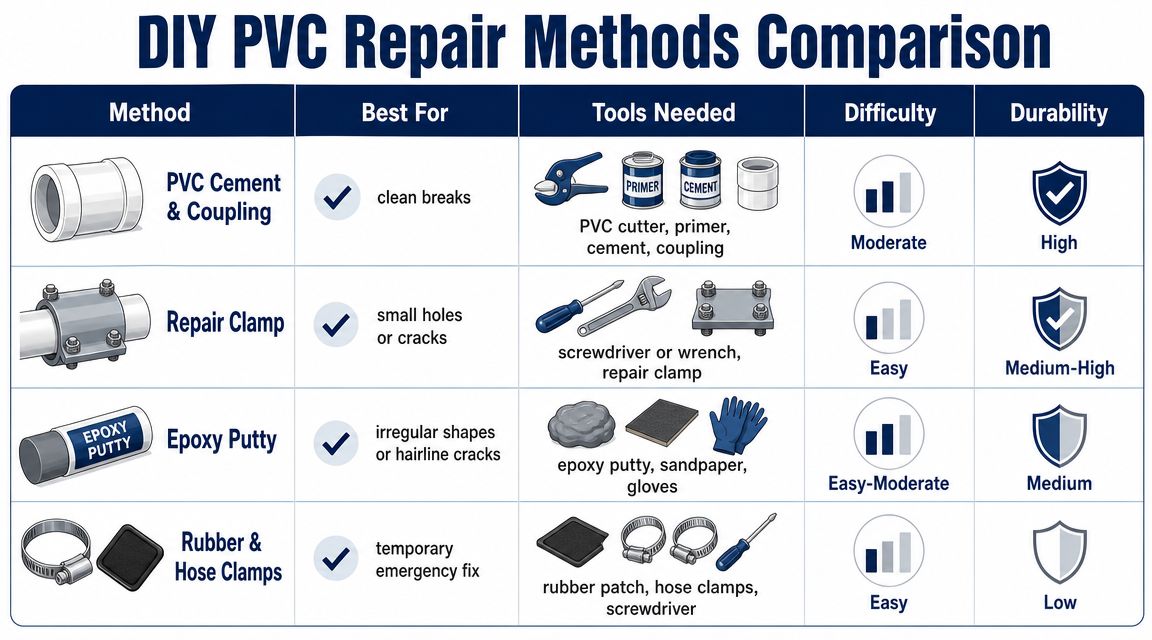 A comparison chart showing various methods for DIY PVC pipe repair including materials and difficulty levels.