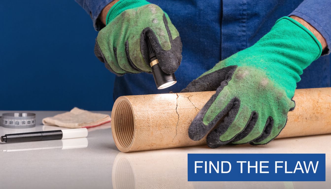 A gloved worker uses a flashlight to examine a visible crack in a beige pipe surface.