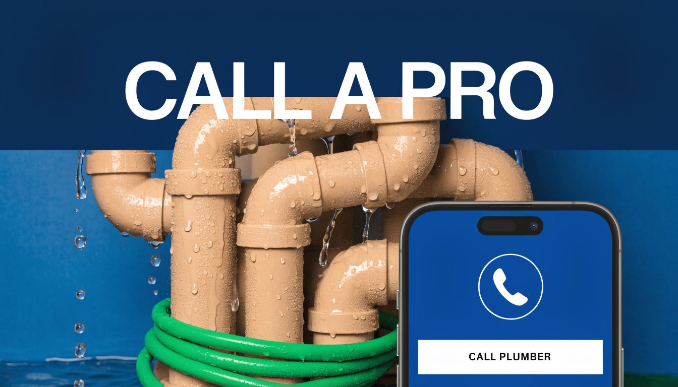 A smartphone screen displaying a call button next to leaky plumbing pipes needing professional repair services.
