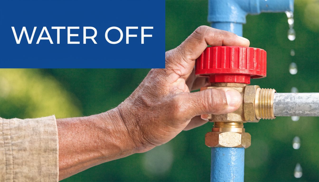 A close-up of an older person turning a red valve handle on a blue pipe system.