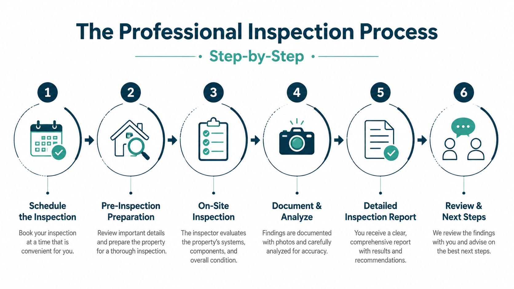 A six step infographic titled The Professional Inspection Process, showing steps from scheduling to review.