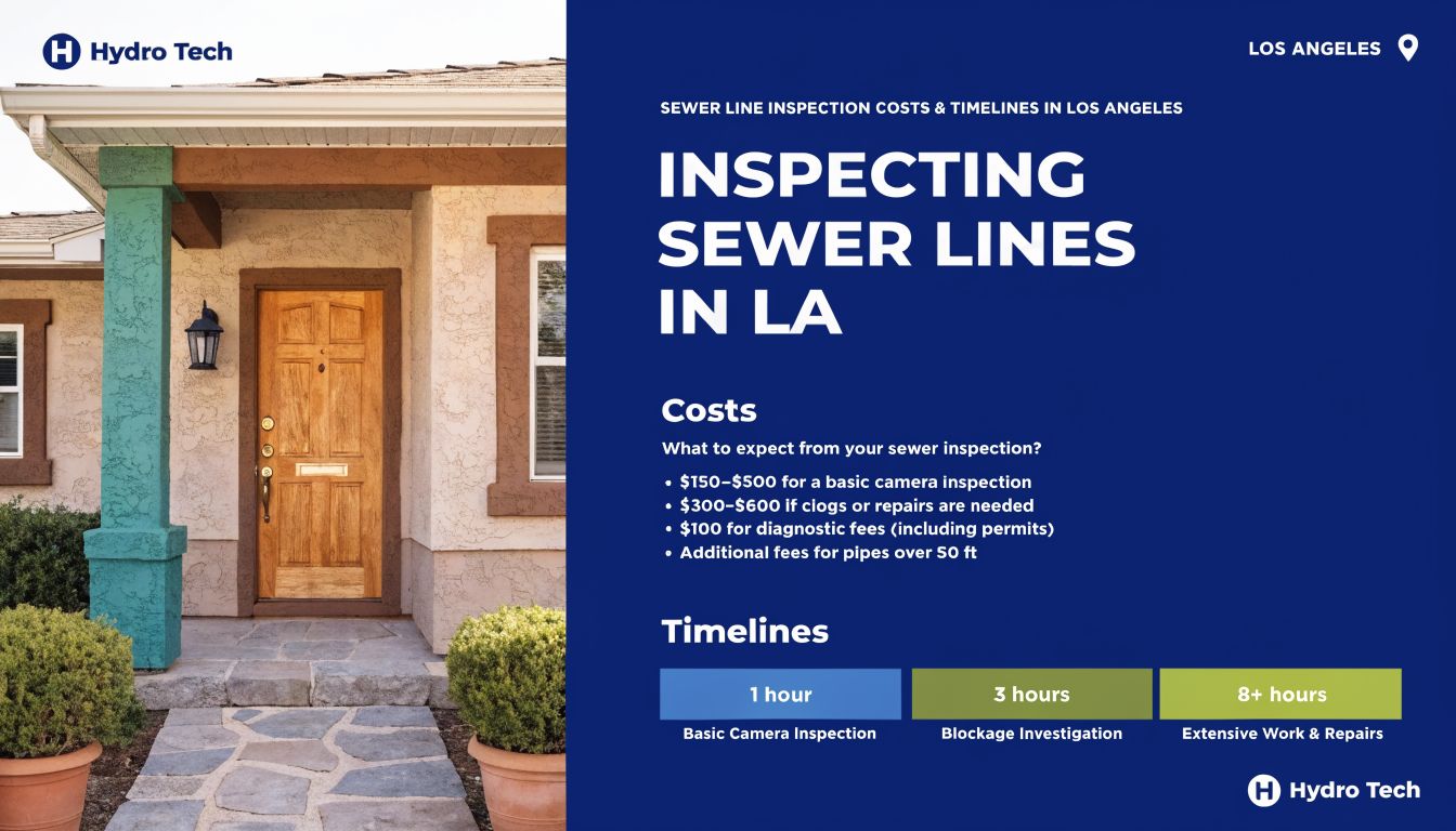 An infographic by Hydro Tech detailing costs and timelines for residential sewer line inspections in Los Angeles.