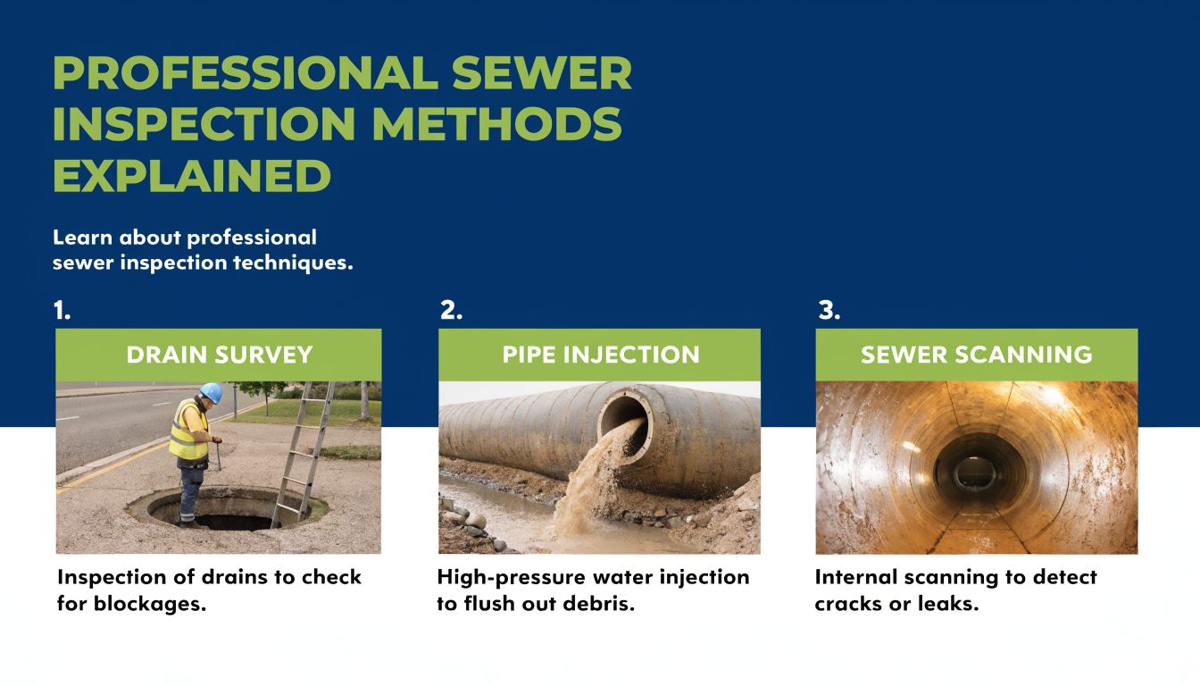 An infographic detailing three professional sewer inspection methods: drain survey, pipe injection, and sewer scanning.