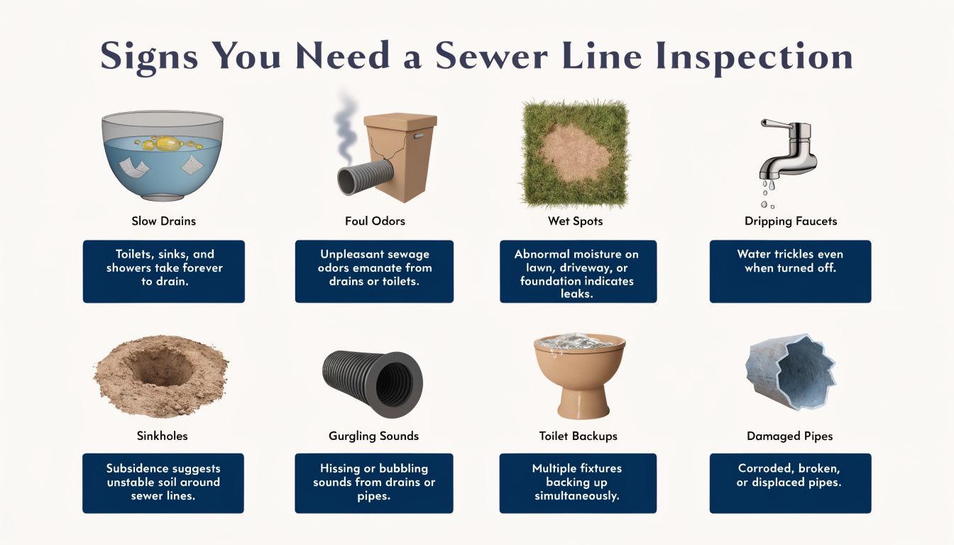 An infographic illustrating eight common signs and symptoms that indicate a home needs a sewer line inspection.