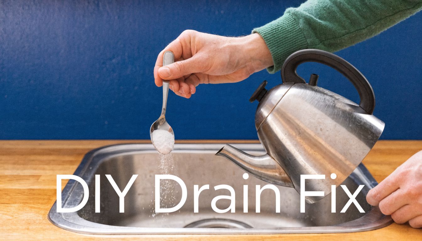 A person pouring a spoon of white powder and hot water into a kitchen sink drain.