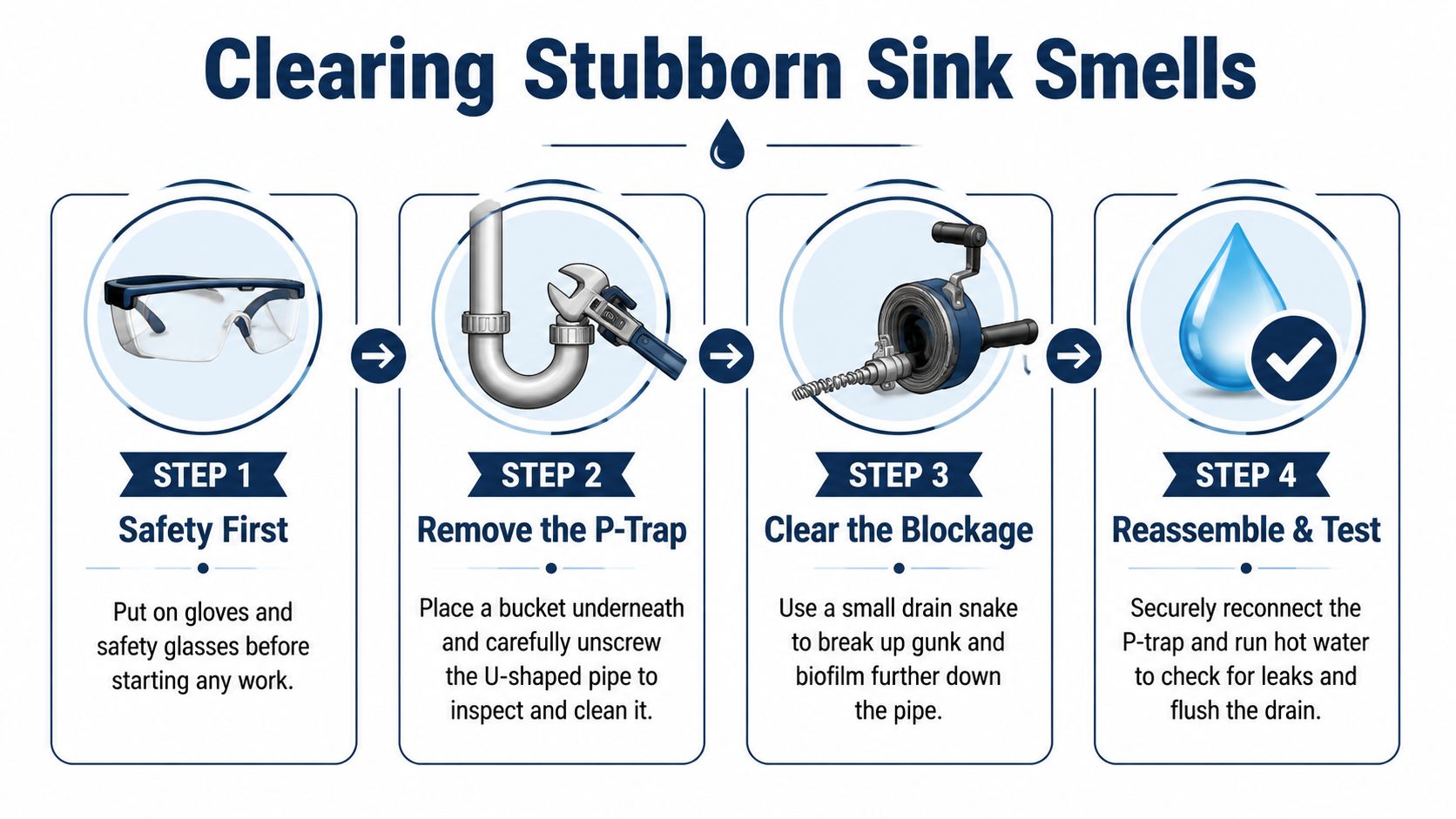 A four-step infographic showing how to clear stubborn sink drain smells with tools and safety precautions.