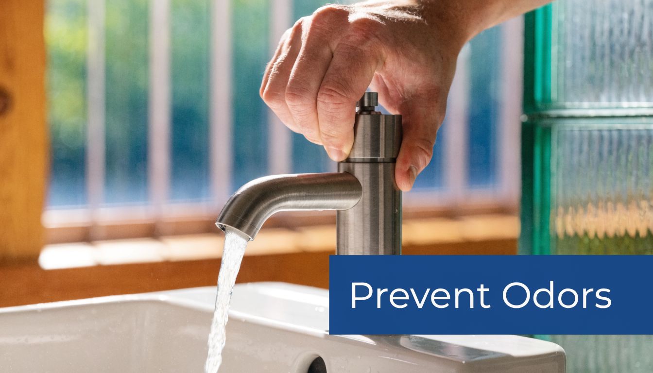 A person running water from a modern stainless steel bathroom faucet into a white ceramic sink.