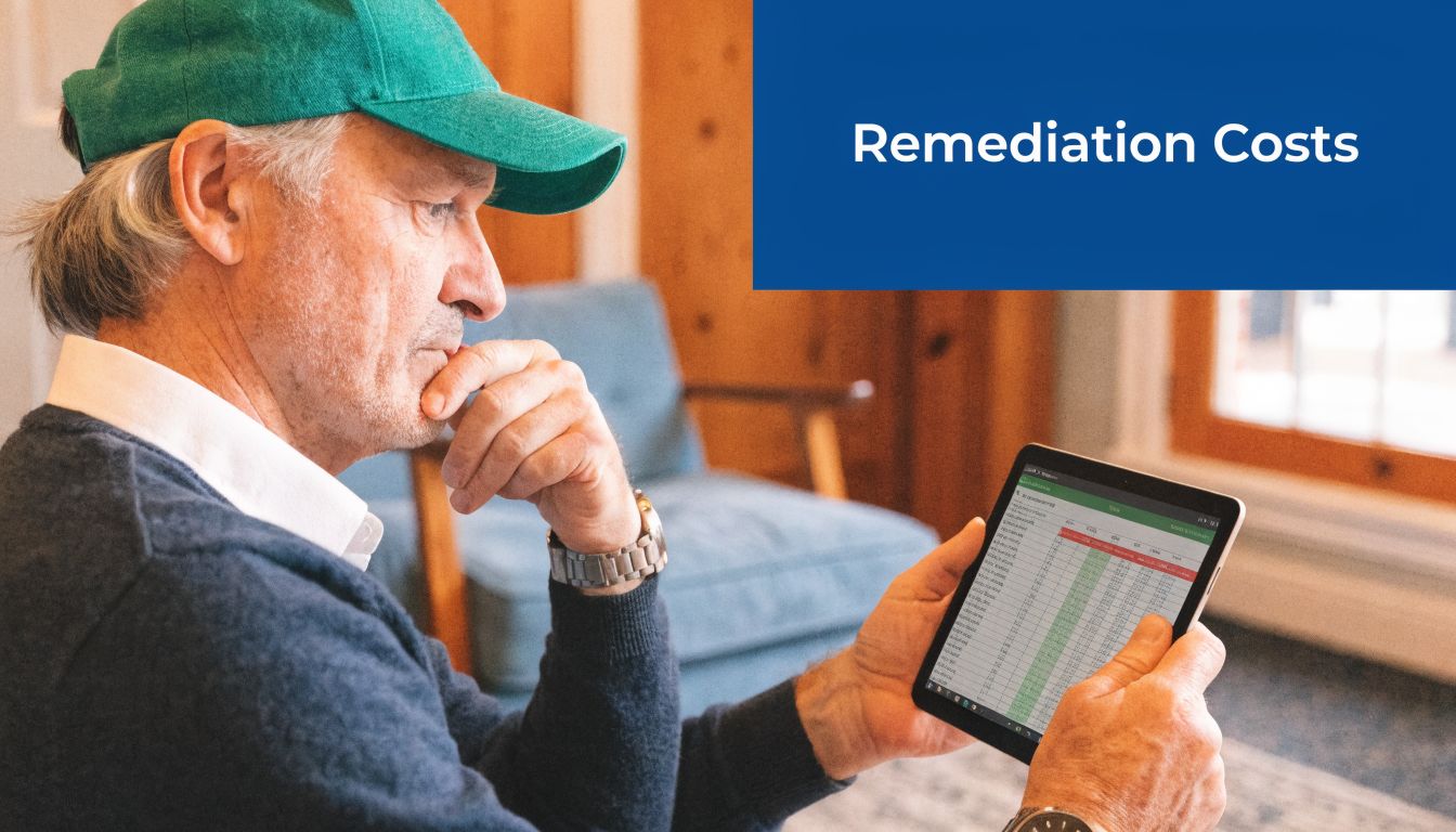 An older man wearing a green cap looking thoughtfully at remediation cost data on a digital tablet.