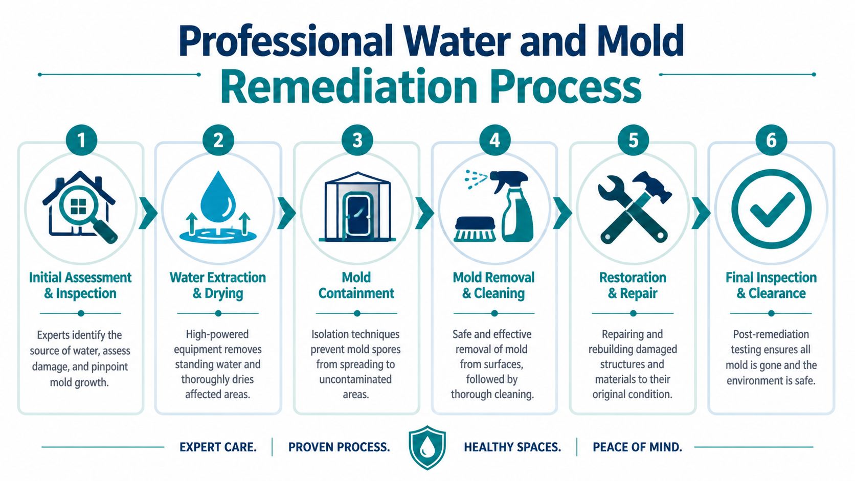 A flowchart showing the six-step professional water and mold remediation process for restoring safe environments.