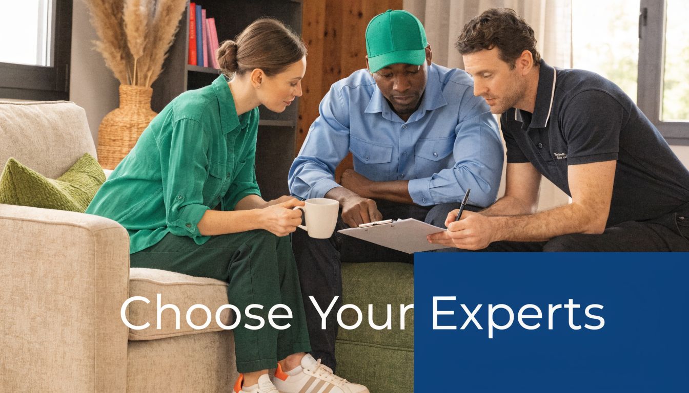 A woman and two professional technicians reviewing a document together in a comfortable living room setting.