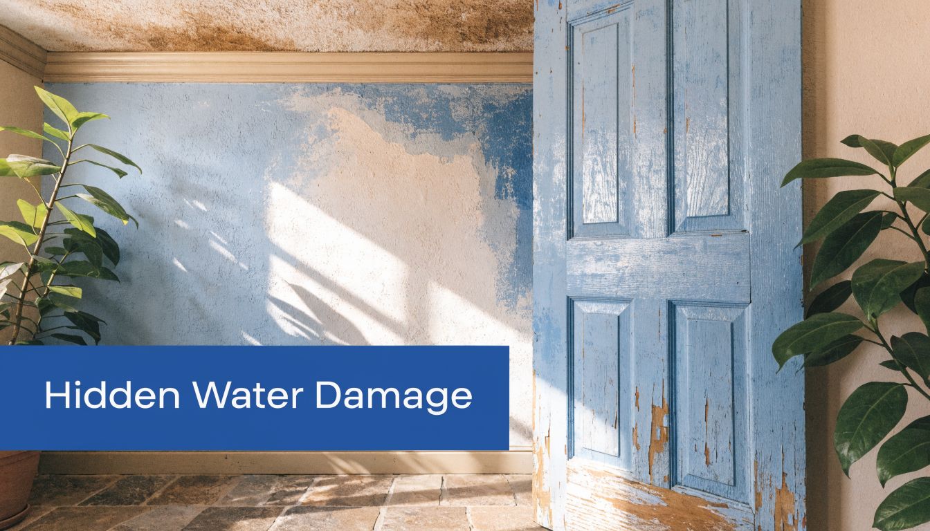 A room with blue paint peeling from the walls and a distressed wooden door, indicating water damage.
