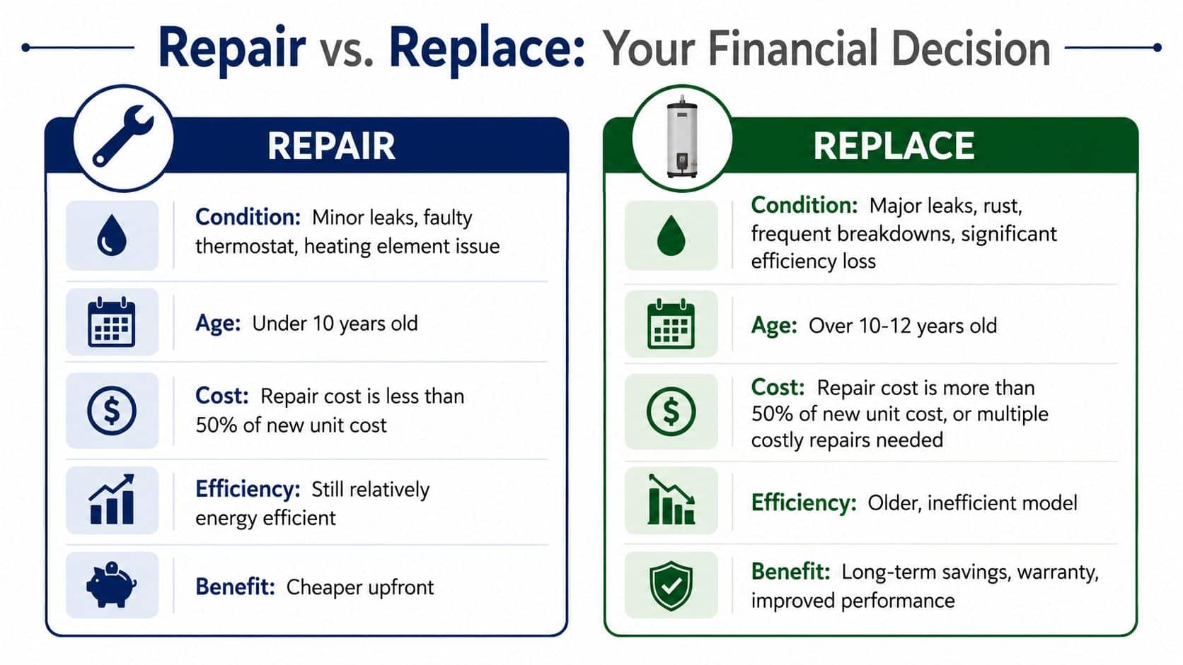A comparison chart outlining the factors to consider when deciding to repair or replace a water heater.