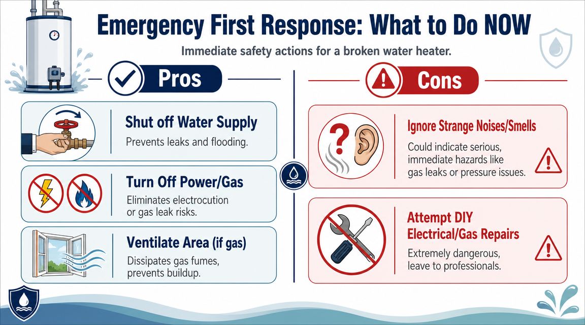 An infographic detailing immediate emergency safety steps for a broken water heater, including shutting off utilities.