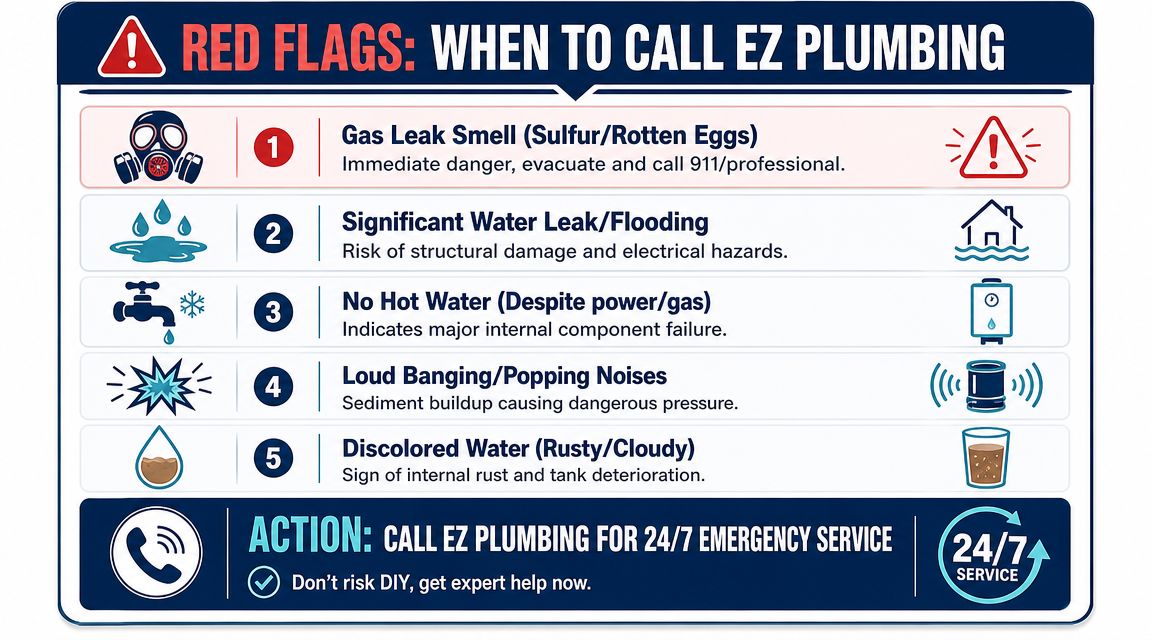 An infographic titled Red Flags When To Call EZ Plumbing listing five common plumbing issues requiring professional assistance.