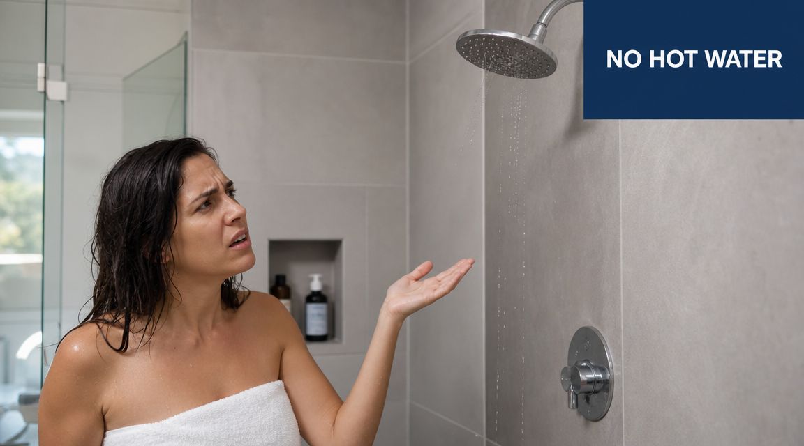 A woman in a towel looks frustrated in a shower while checking for hot water.