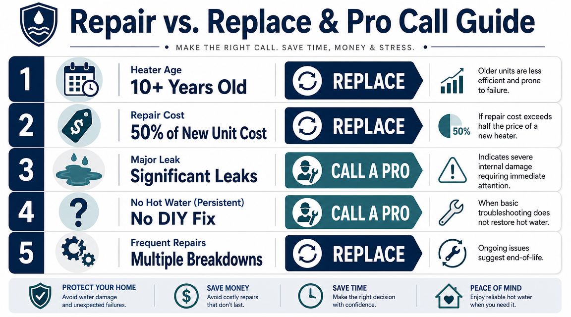 A helpful infographic guide explaining when to repair or replace a water heater and when to call a professional.
