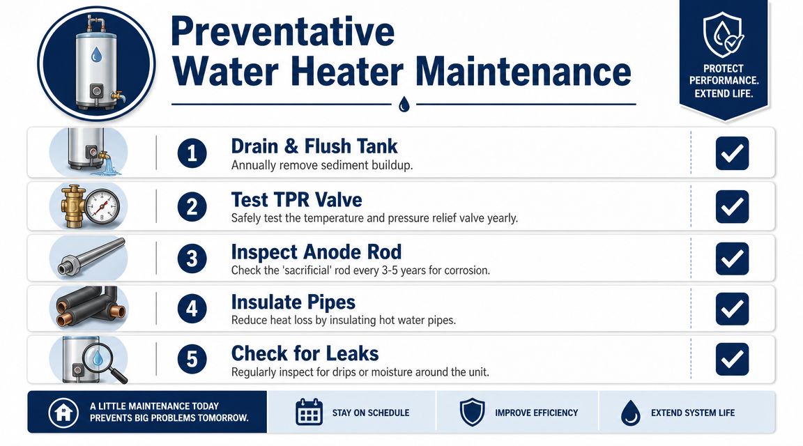 A five-step checklist for regular preventative maintenance of residential water heaters to ensure safety and efficiency.