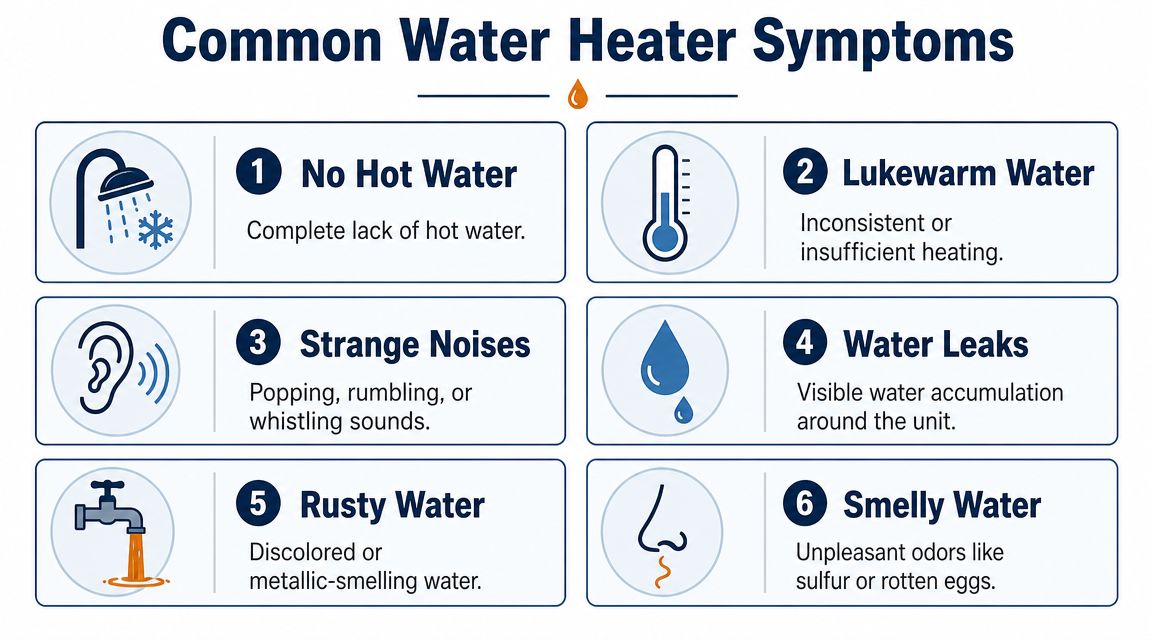 A visual guide illustrating six common water heater symptoms including no hot water, leaks, and noises.