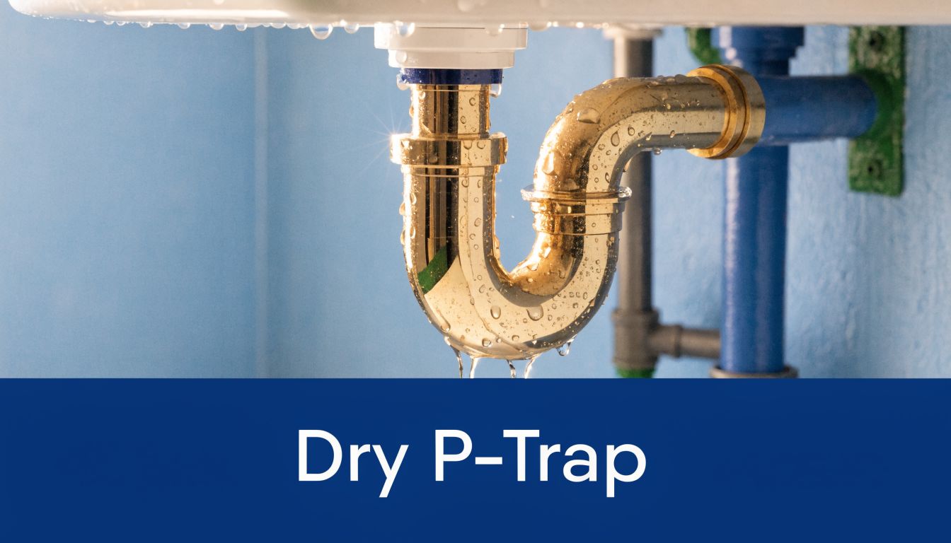 A close-up view of a metal P-trap under a sink with water droplets, illustrating plumbing issues.