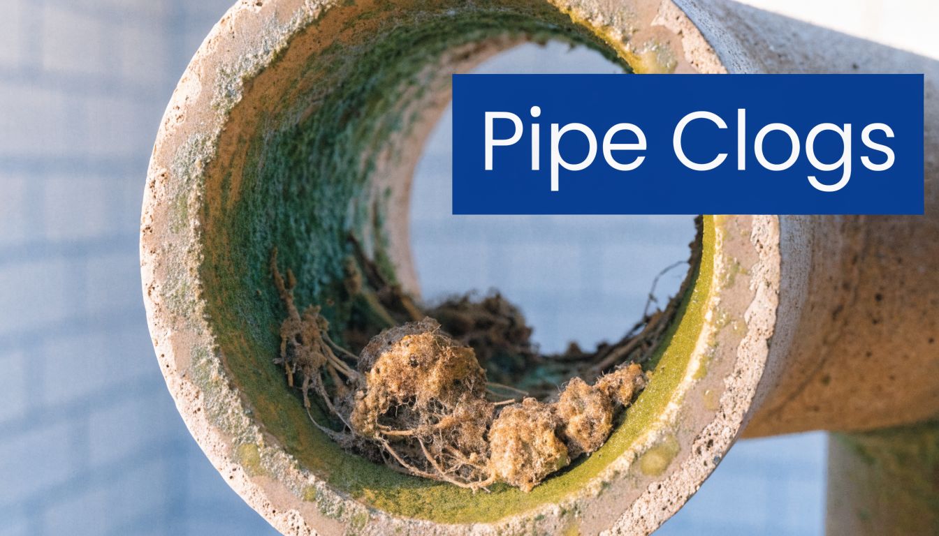 A close-up view of a concrete sewer pipe partially blocked by organic debris and plant roots.