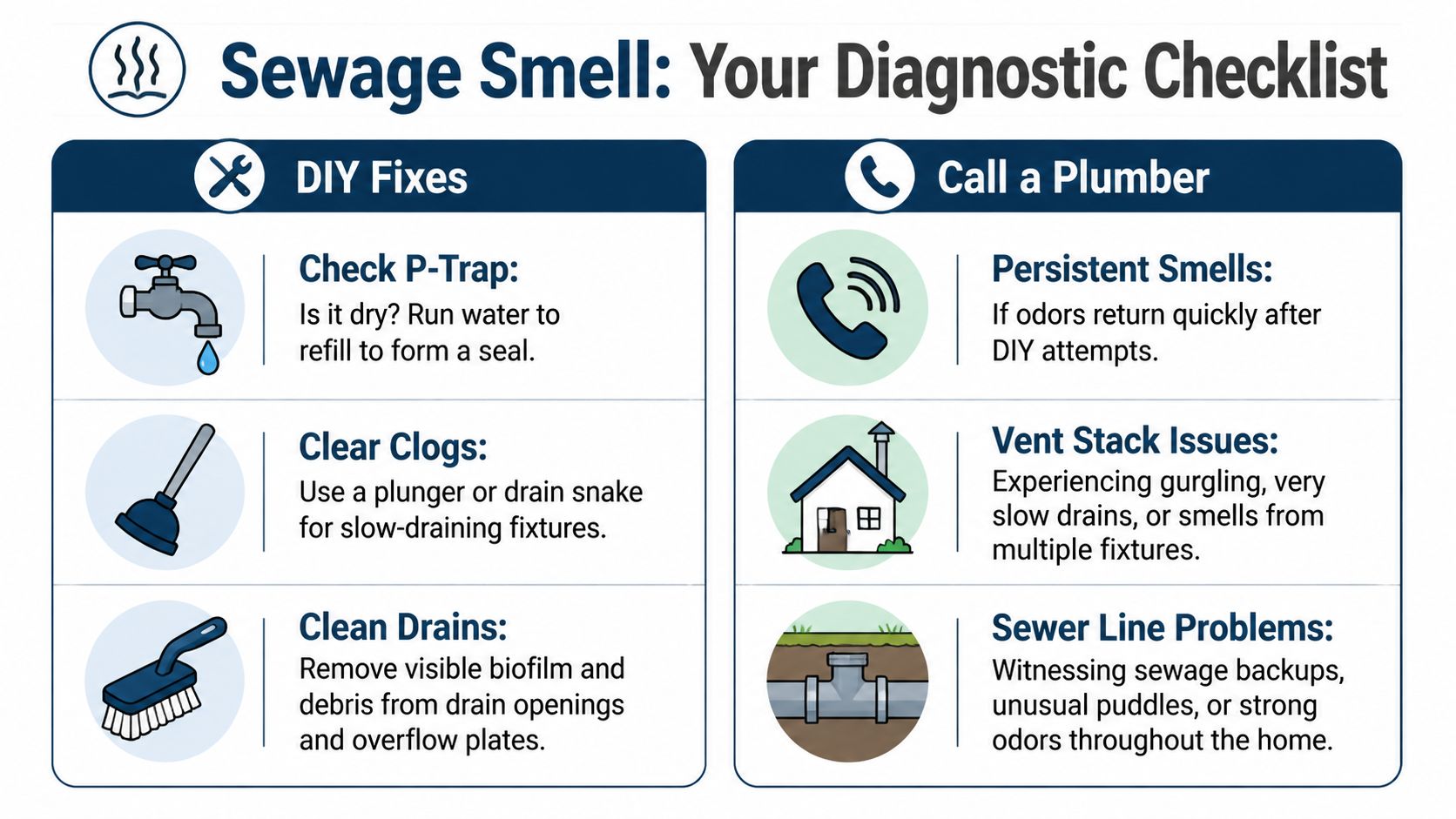 A diagnostic checklist infographic illustrating DIY fixes and reasons to call a plumber for sewage smells.