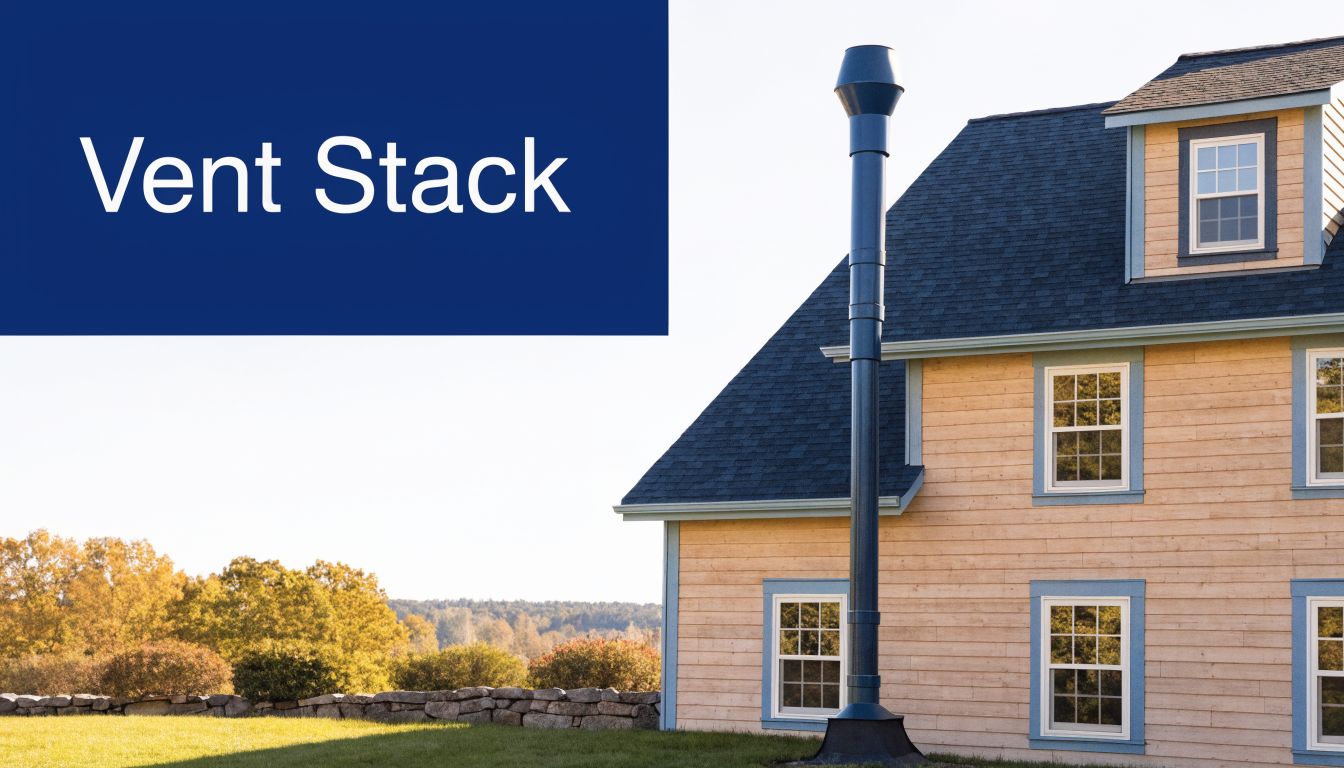 A tall, dark blue metal vent stack pipe standing vertically against the side of a wooden house.