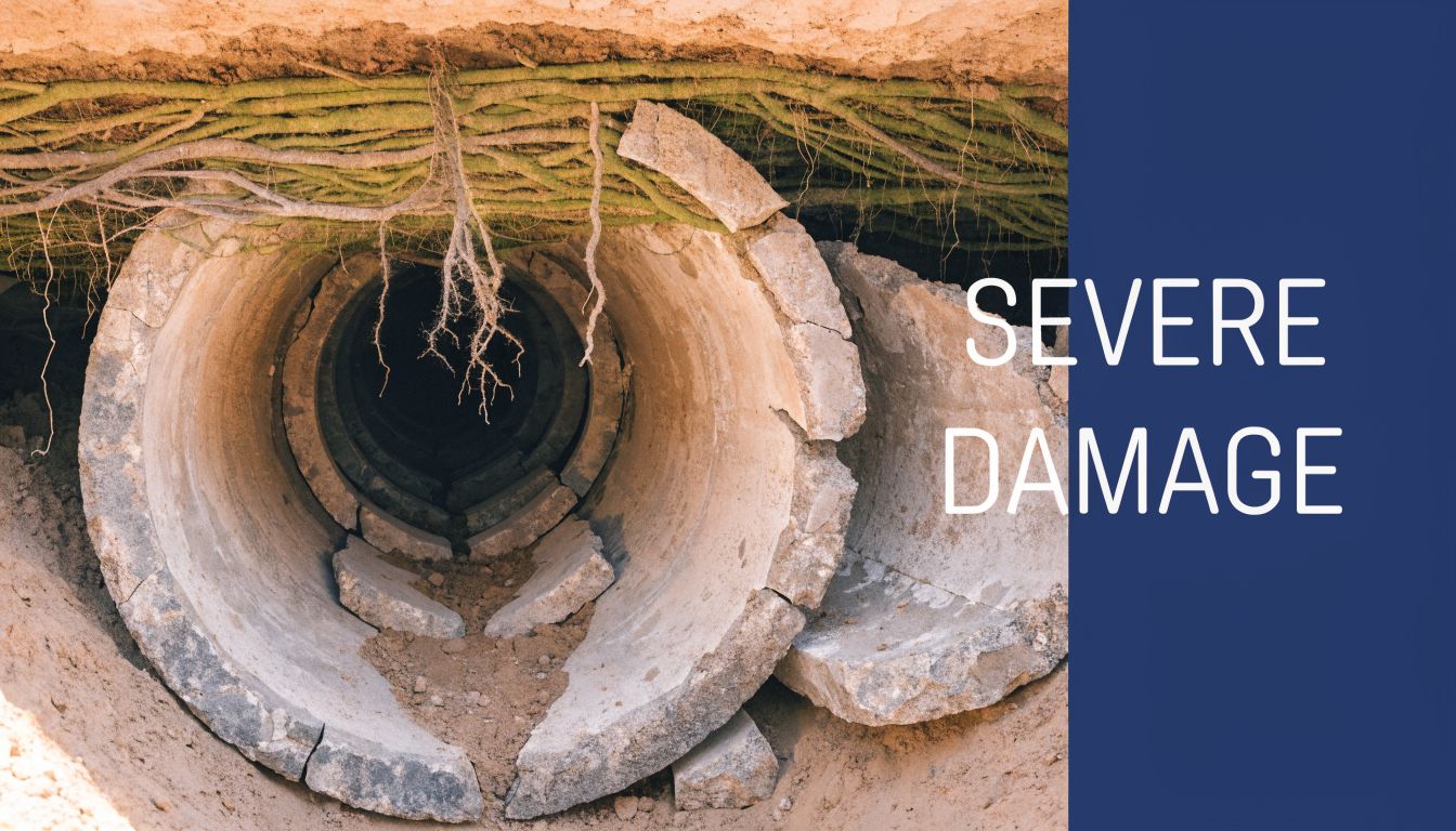 A severely cracked and damaged concrete underground sewage pipe with tree roots hanging from the earth above.