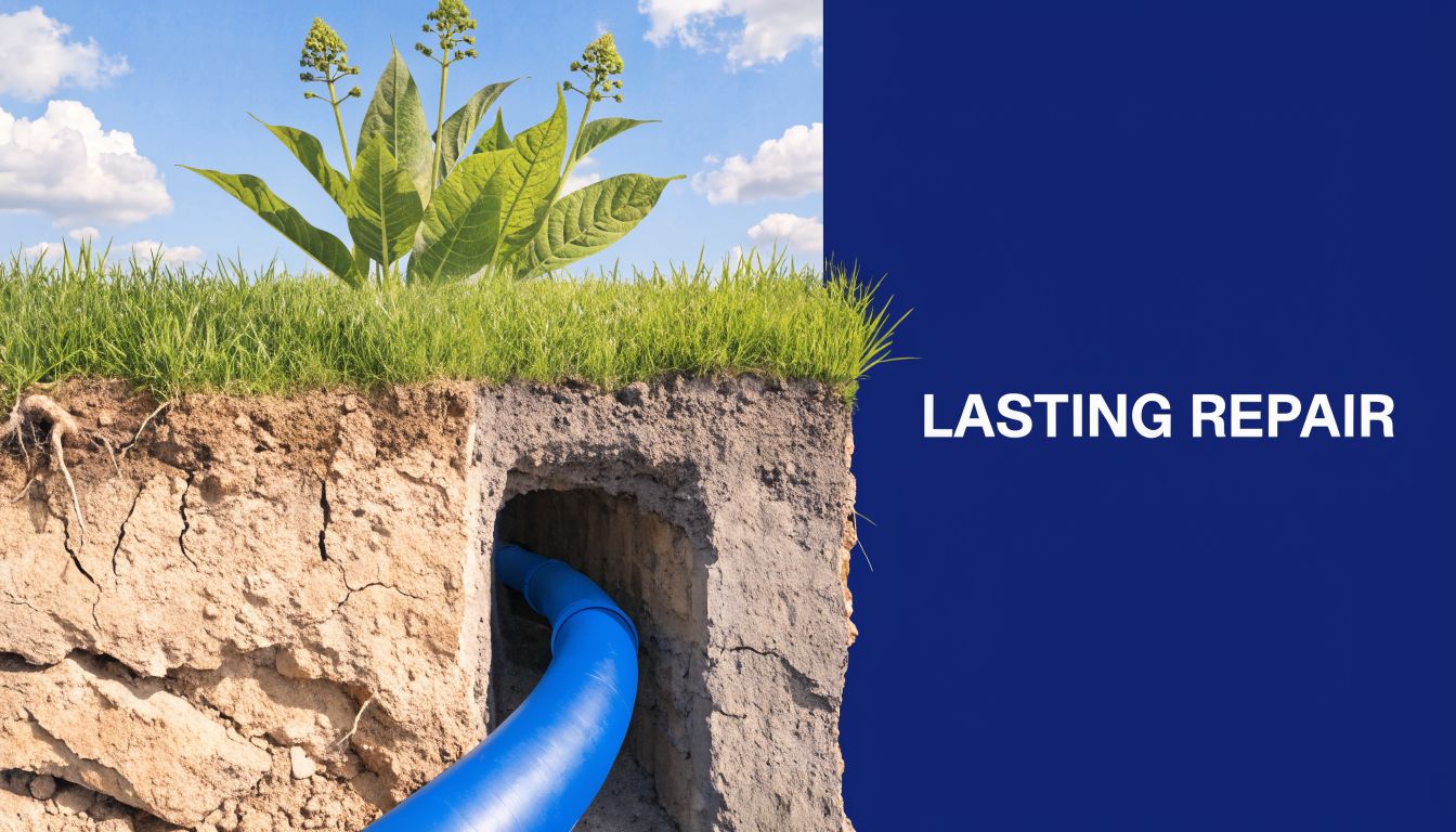 A cutaway view showing a blue underground sewer pipe being repaired beneath a grassy field.